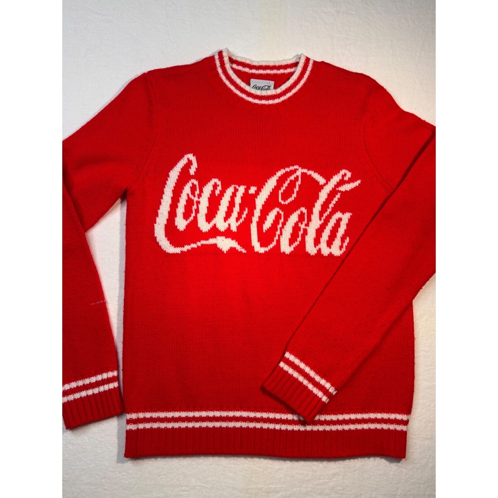 Coca-Cola Red Knit Script Logo Sweater Striped Trim Crewneck Small